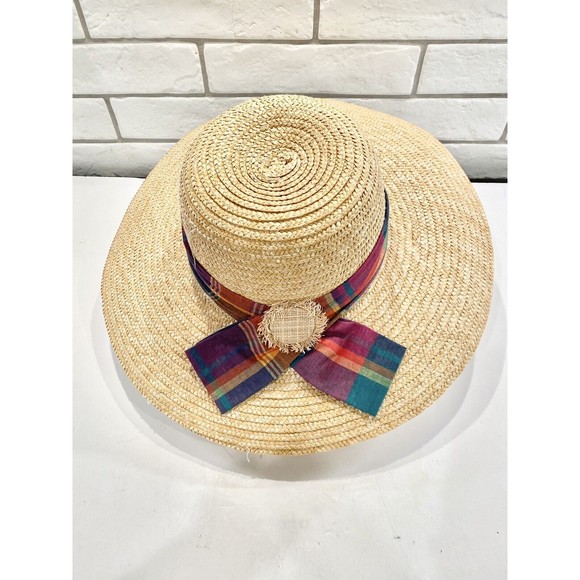 Wheat Natural Panama hat wide brim Straw large summer sun Rainbow Ribbon Accent - Picture 3 of 7